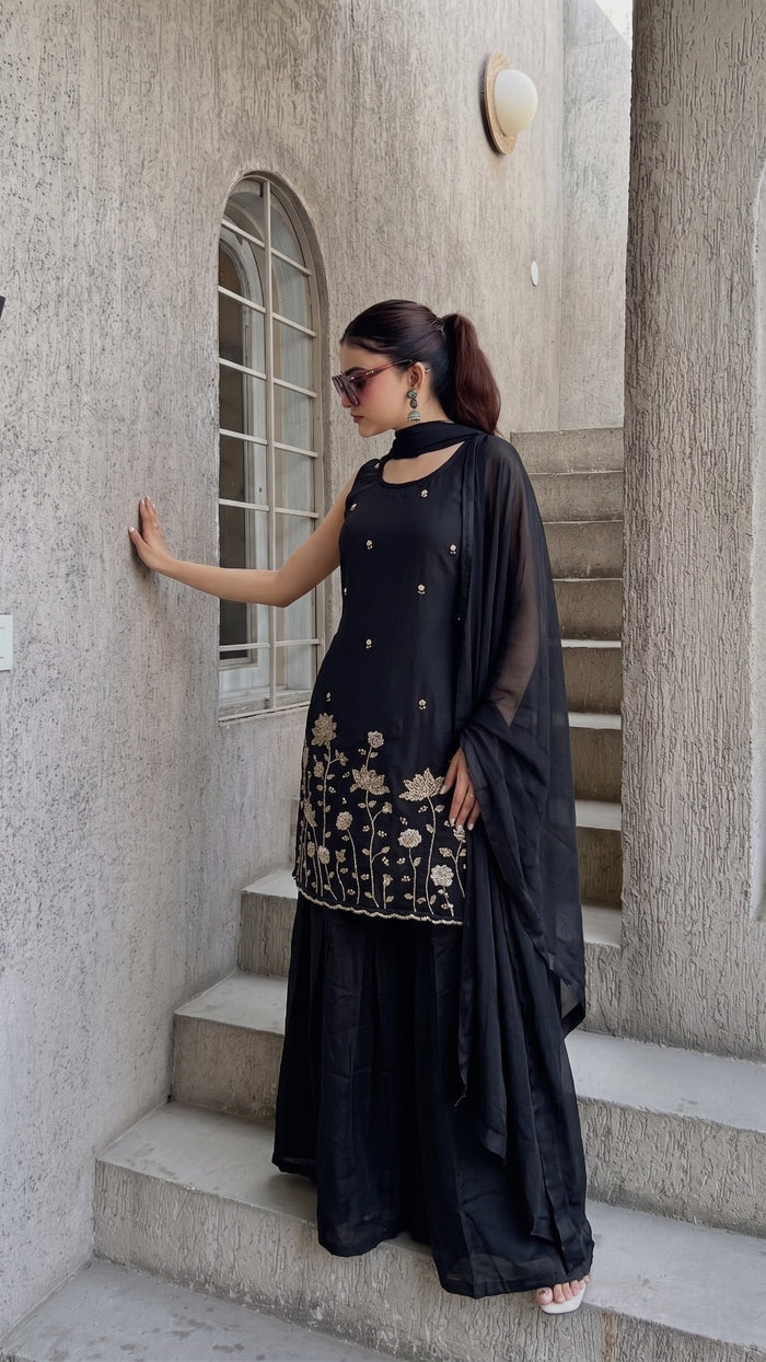 Black French Crepe Kurta Set