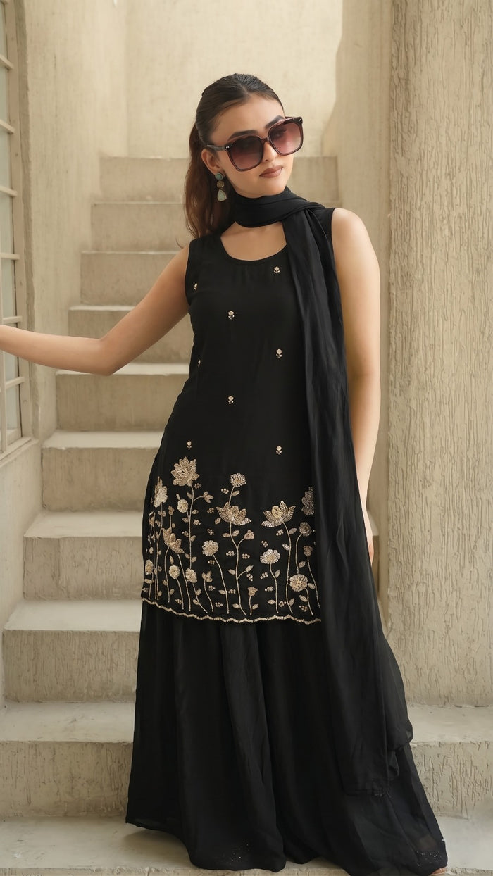 Black French Crepe Kurta Set
