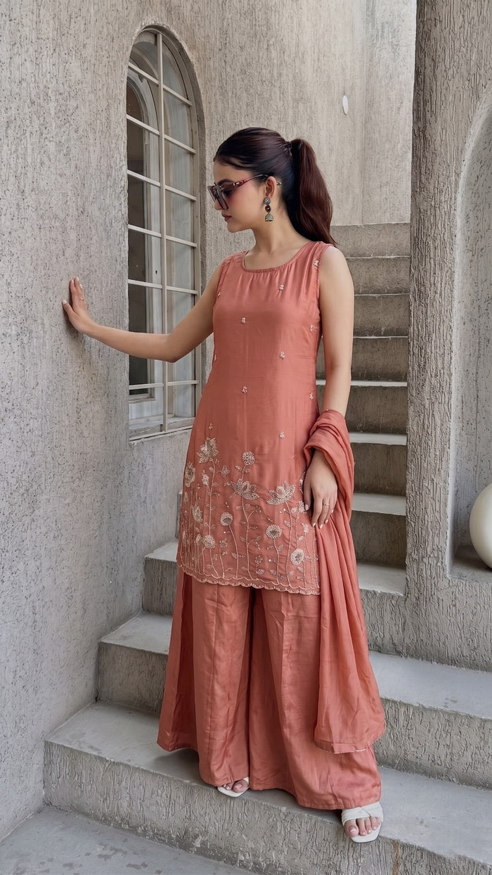 Peach French Crepe Kurta Set