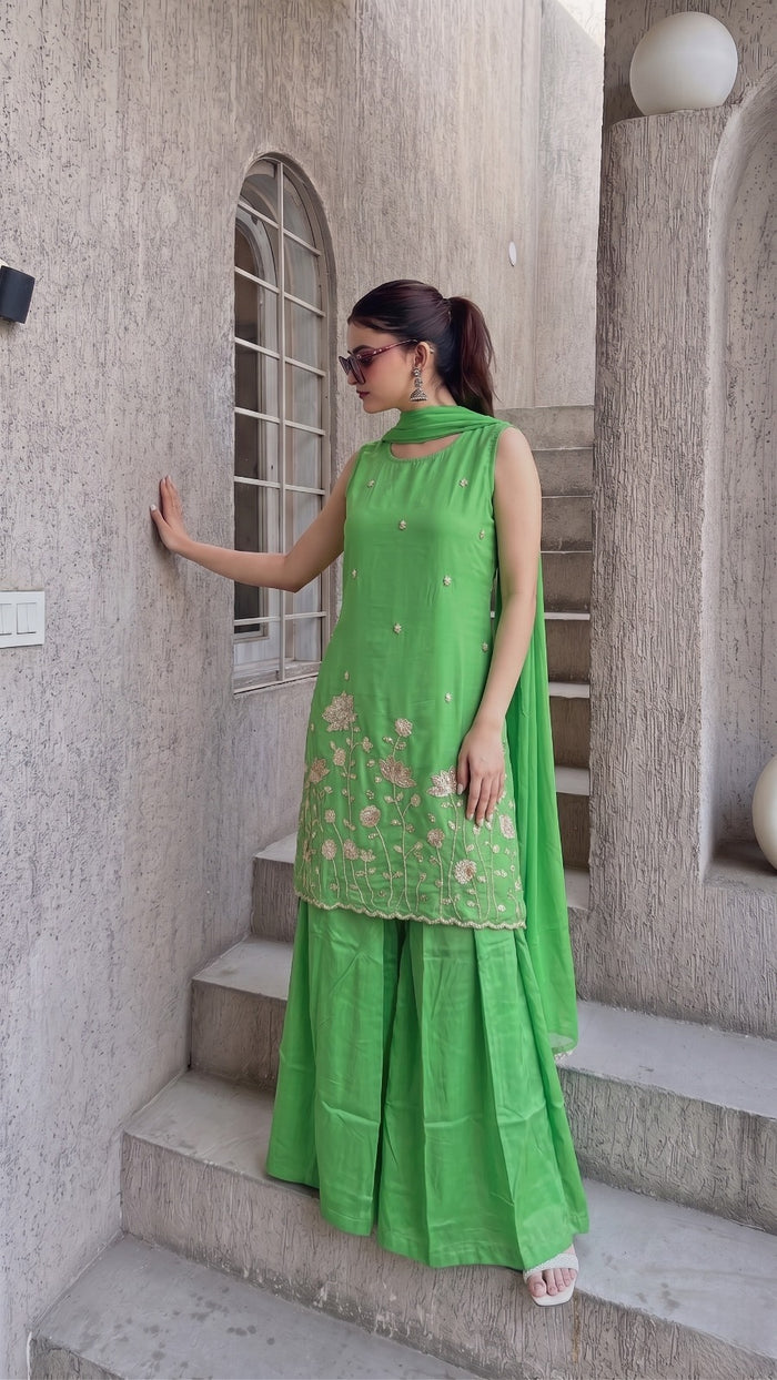 Parrot Green French Crepe Kurta Set