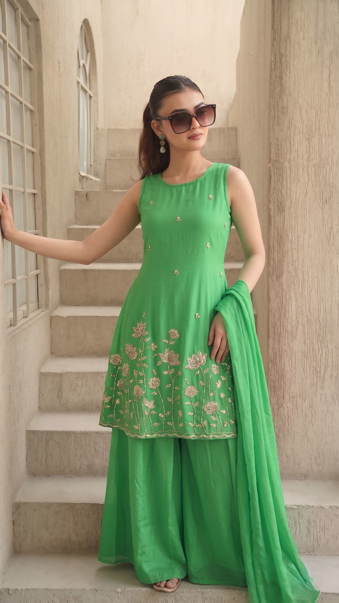 Parrot Green French Crepe Kurta Set
