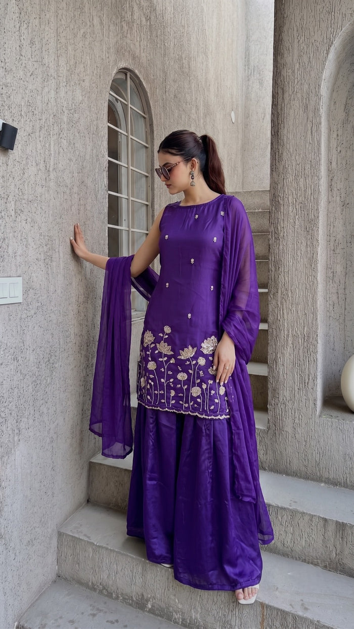 Wine French Crepe Kurta Set