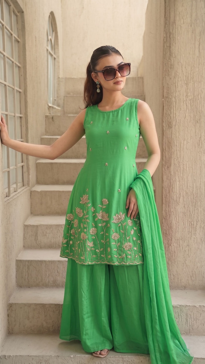 Parrot Green French Crepe Kurta Set
