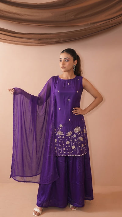 Wine French Crepe Kurta Set