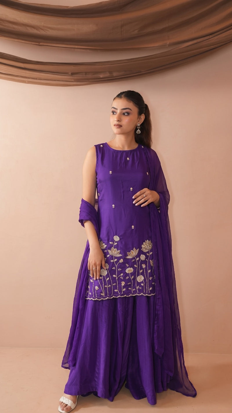 Wine French Crepe Kurta Set