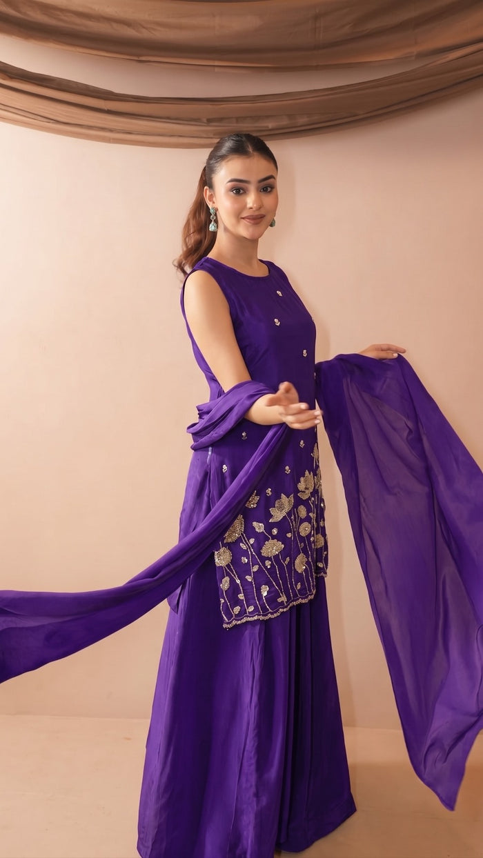 Wine French Crepe Kurta Set