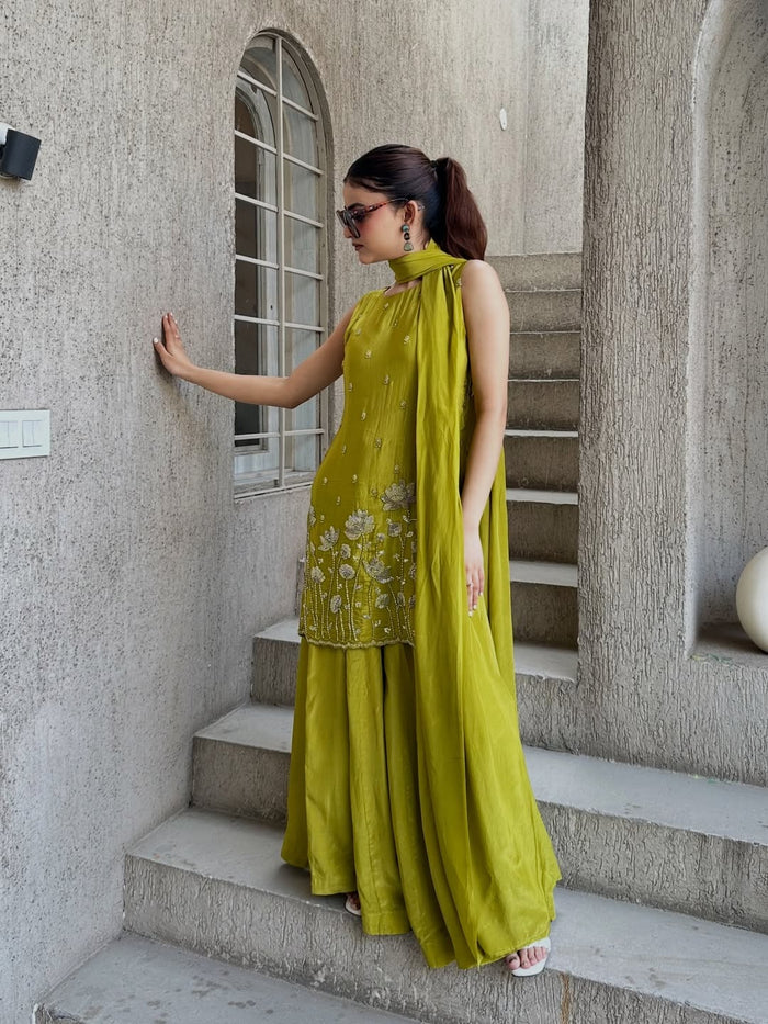 Mustard French Crepe Kurta Set