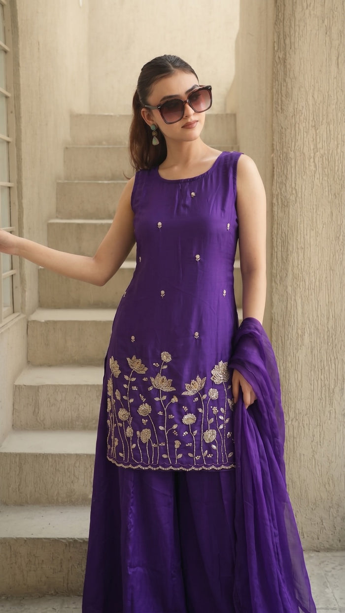 Wine French Crepe Kurta Set