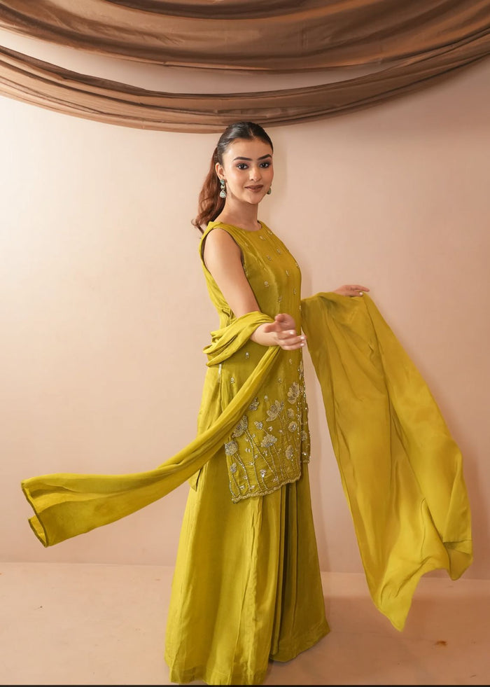 Mustard French Crepe Kurta Set