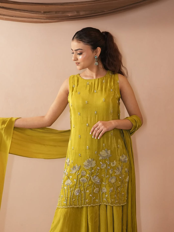 Mustard French Crepe Kurta Set