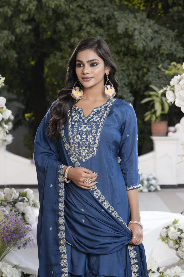 Midnight Bloom Embroidered Kurta Palazzo Set