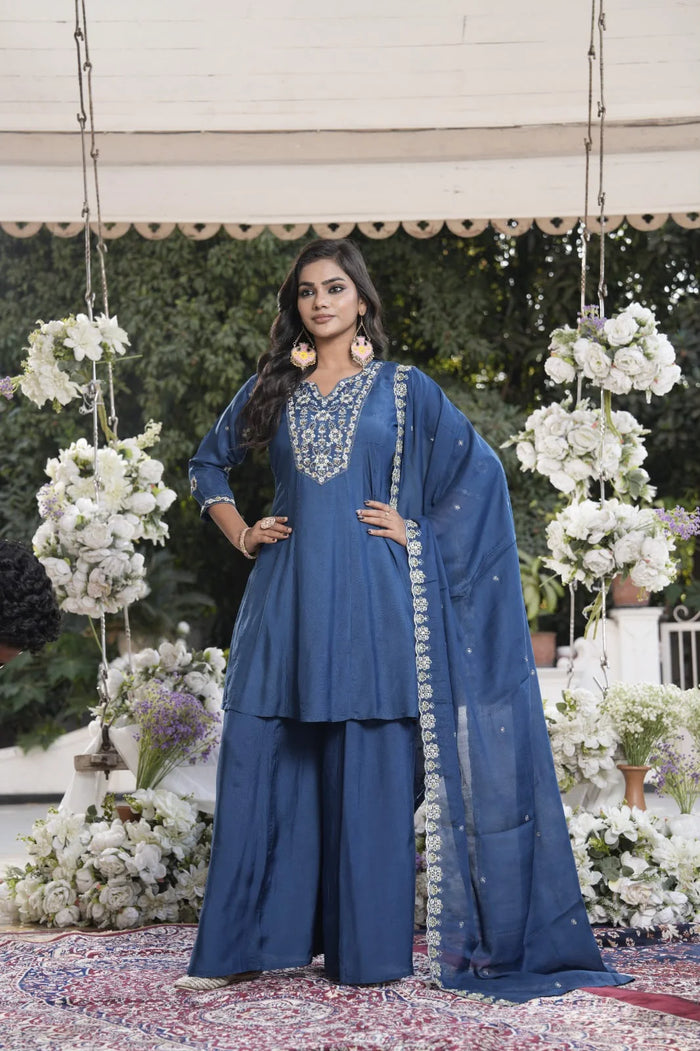 Midnight Bloom Embroidered Kurta Palazzo Set