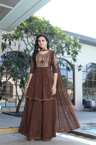 Mocha Elegance Embroidered Anarkali Sharara Suit