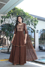 Mocha Elegance Embroidered Anarkali Sharara Suit