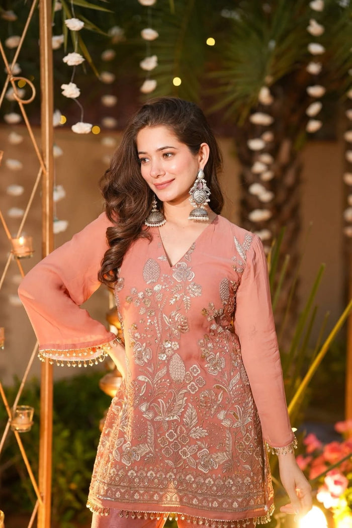 Peach Bloom Crunchy Kurta Pant Set