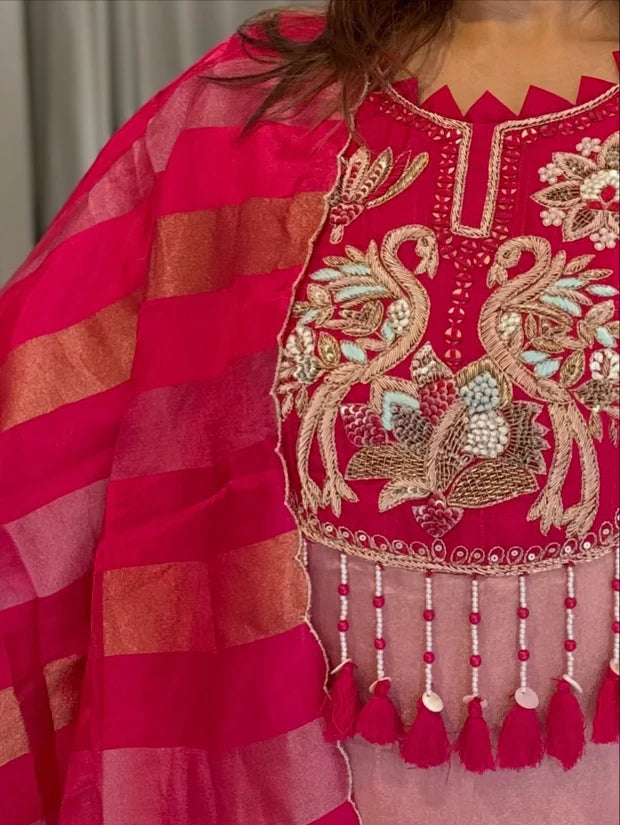 Rose Petal Chanderi Handwork Suit Set
