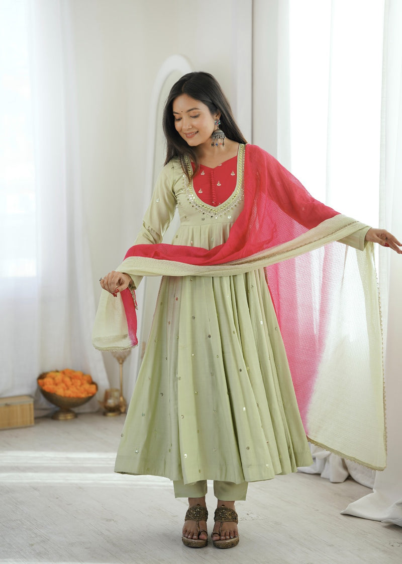 Pastel Green Embroidered Anarkali Suit Set