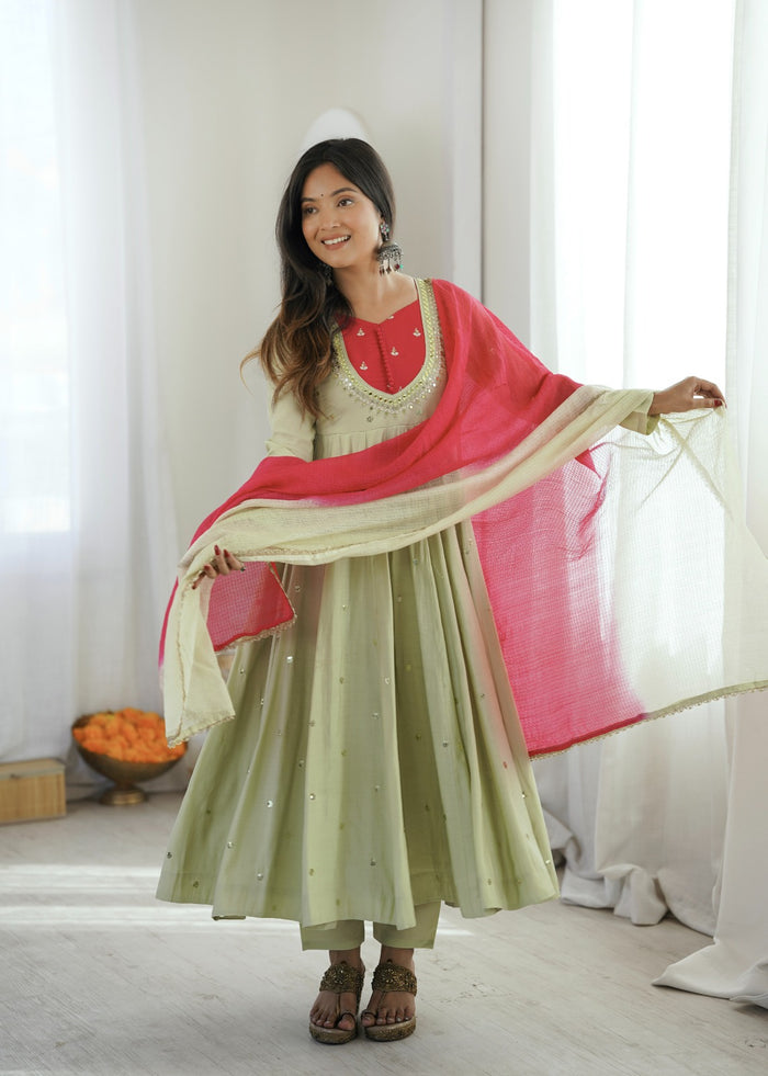 Pastel Green Embroidered Anarkali Suit Set