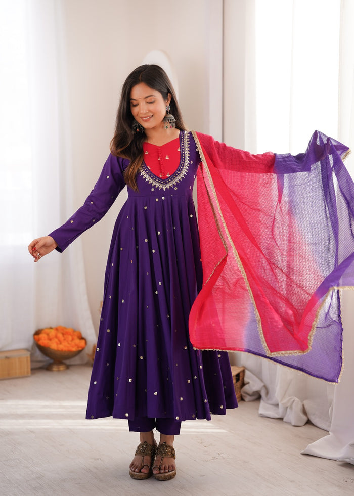 Purple Embroidered Anarkali Suit Set