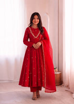 Red Embroidered Anarkali Kurta Pant Set