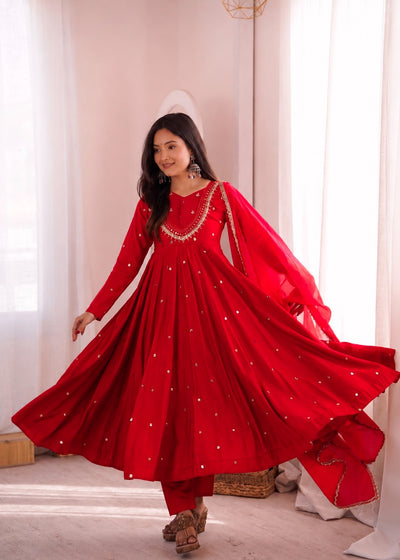 Red Embroidered Anarkali Kurta Pant Set