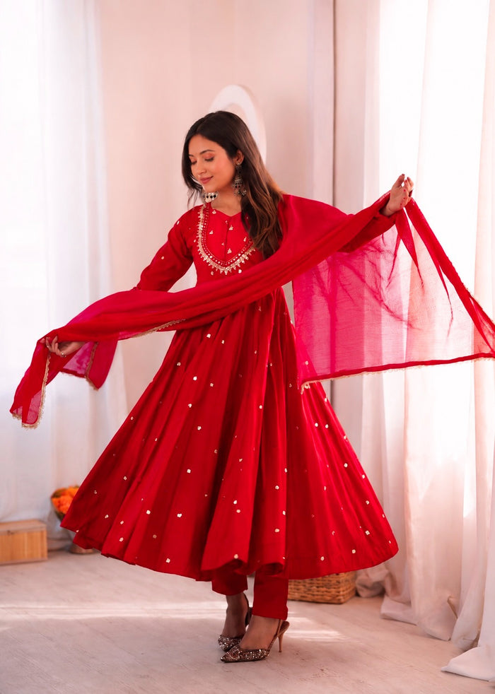 Red Embroidered Anarkali Kurta Pant Set