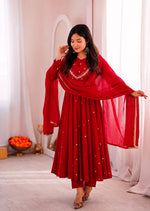 Red Embroidered Anarkali Kurta Pant Set