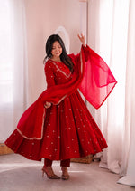 Red Embroidered Anarkali Kurta Pant Set