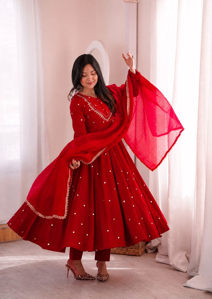 Red Embroidered Anarkali Kurta Pant Set