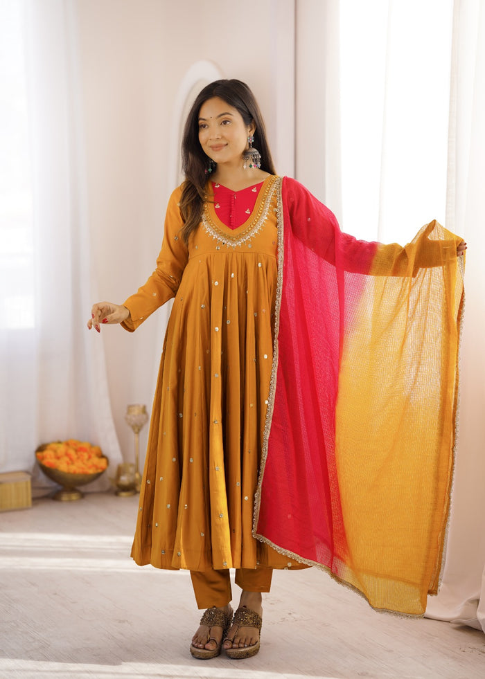 Mustard Yellow Embroidered Anarkali Pant Set