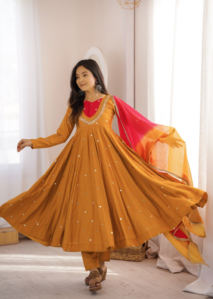 Mustard Yellow Embroidered Anarkali Pant Set
