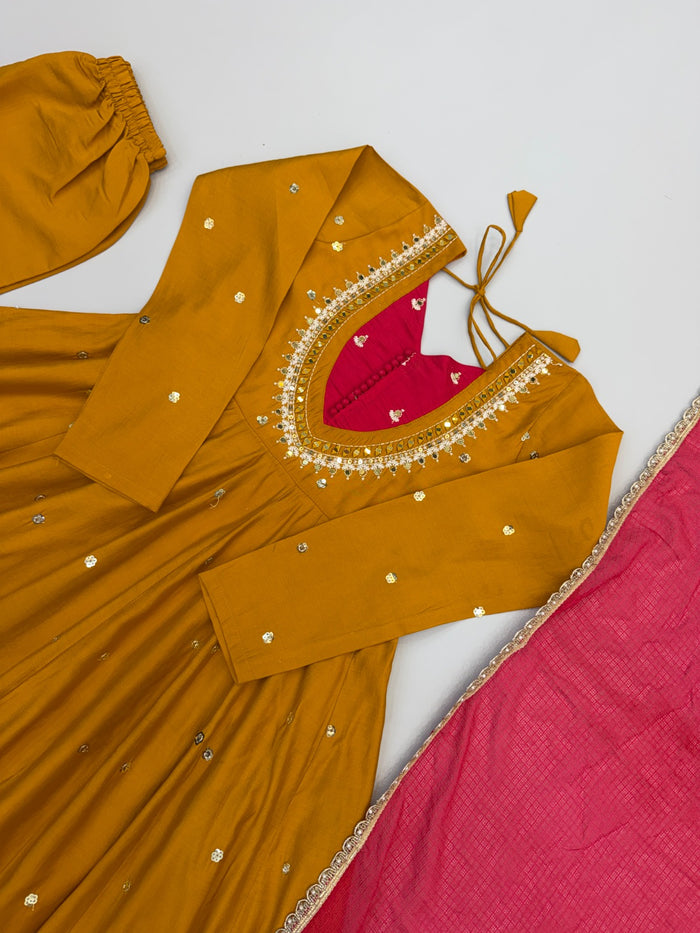 Mustard Yellow Embroidered Anarkali Pant Set