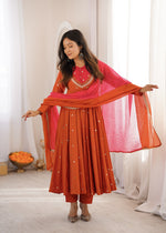 Rust Orange Embroidered Anarkali Pant Set