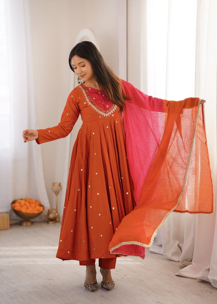 Rust Orange Embroidered Anarkali Pant Set