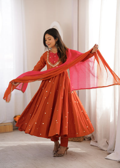 Rust Orange Embroidered Anarkali Pant Set