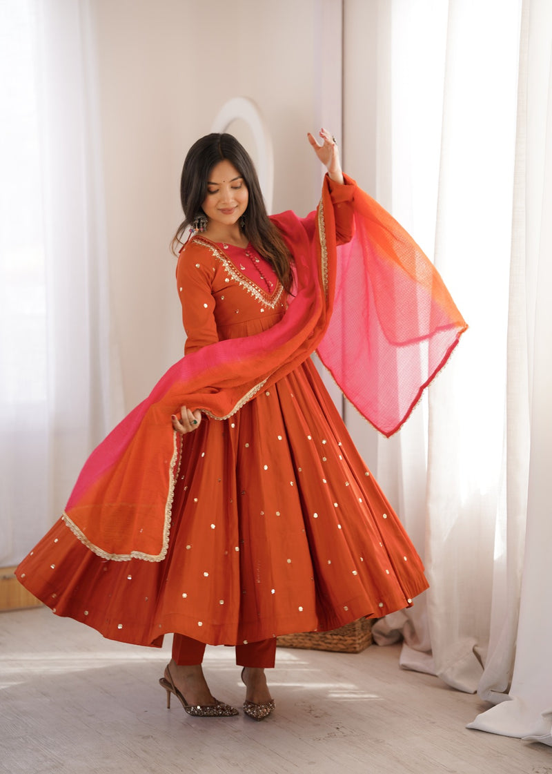 Rust Orange Embroidered Anarkali Pant Set