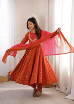 Rust Orange Embroidered Anarkali Pant Set