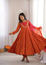 Rust Orange Embroidered Anarkali Pant Set