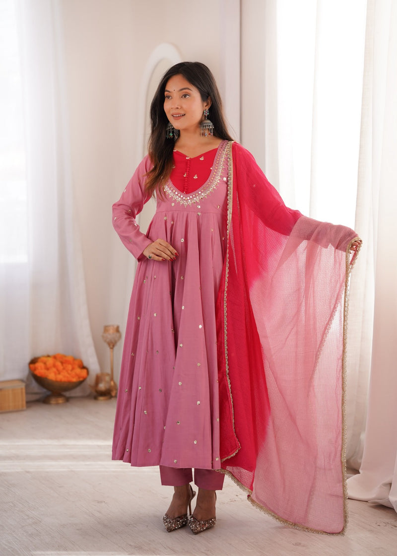 Dusty Pink Embroidered Anarkali Pant Set