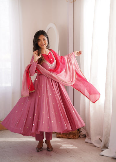 Dusty Pink Embroidered Anarkali Pant Set