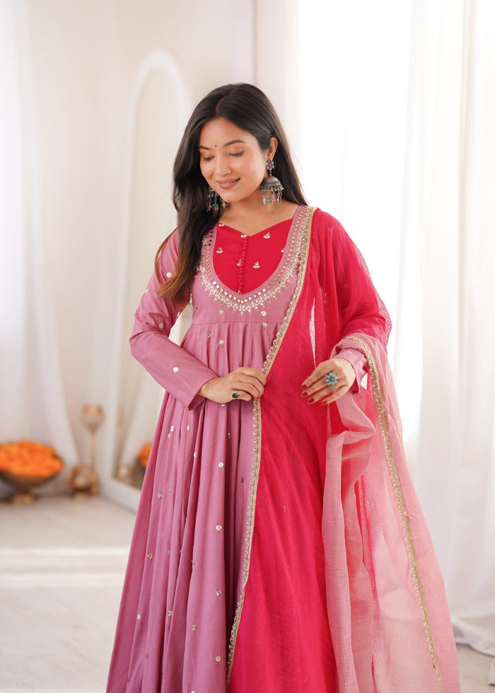 Dusty Pink Embroidered Anarkali Pant Set