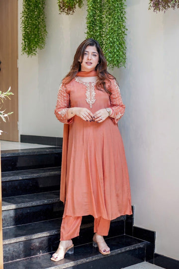 Rust Orange Floral Embroidered Kurta Pant & Dupatta Set