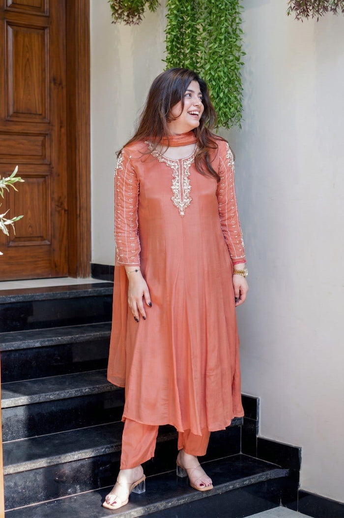 Rust Orange Floral Embroidered Kurta Pant & Dupatta Set