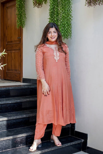 Rust Orange Floral Embroidered Kurta Pant & Dupatta Set