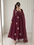 Wine Pure Mul Chanderi Embroidered Anarkali Kurti Set