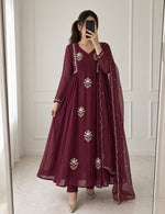 Wine Pure Mul Chanderi Embroidered Anarkali Kurti Set