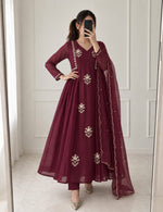 Wine Pure Mul Chanderi Embroidered Anarkali Kurti Set
