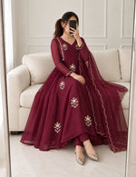 Wine Pure Mul Chanderi Embroidered Anarkali Kurti Set
