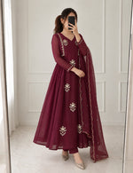 Wine Pure Mul Chanderi Embroidered Anarkali Kurti Set