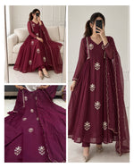 Wine Pure Mul Chanderi Embroidered Anarkali Kurti Set